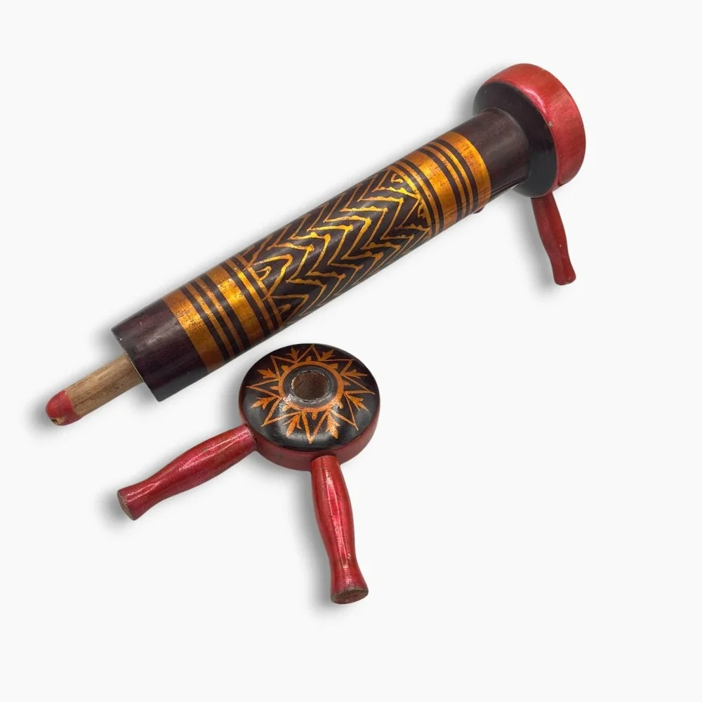 Vintage Handcrafted Lacquered Wood Foot Stool Rolling Pin Red Gold